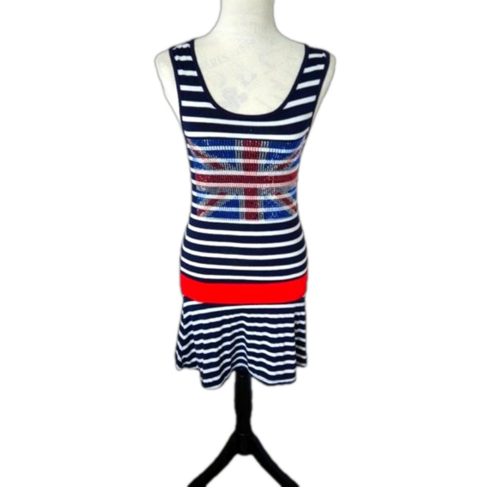 🇨🇵 LPC Paris  vintage mini dress blue striped studded flag size small 🇨🇵